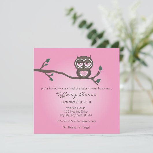 Roze uil uitnodiging (Staand voorkant)