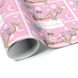 Roze Uil   van het Baby het Thema van de Douche Cadeaupapier