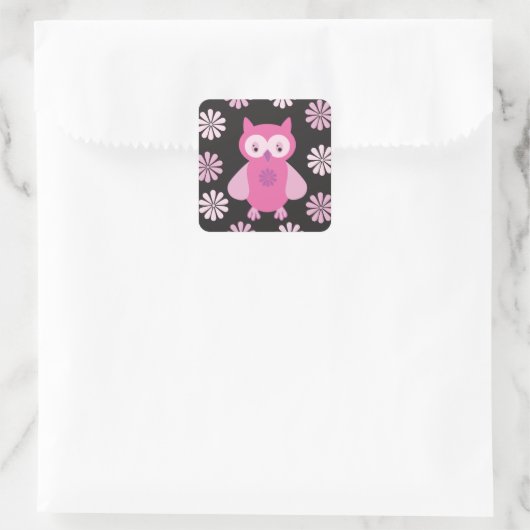 Roze uil vierkante sticker (Tas)