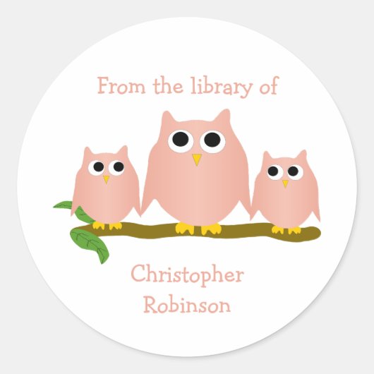 Roze Uilen Ontwerp Ex-Libris Ronde Sticker (Voorkant)