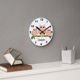 Roze Uilen Ontwerp Gepersonaliseerd Ronde Klok