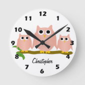 Roze Uilen Ontwerp Gepersonaliseerd Ronde Klok (Voorkant)