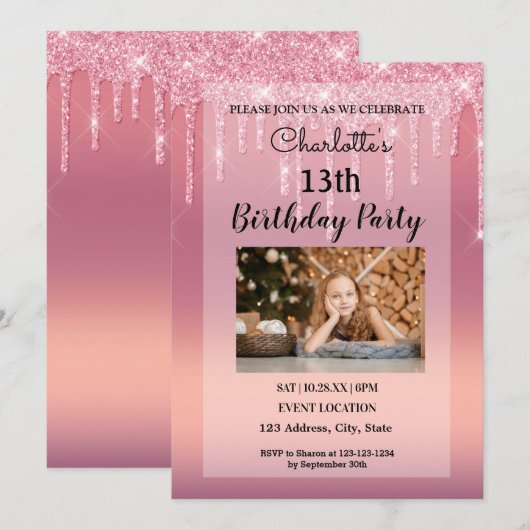 Roze uitnodiging om glitter te drogen (Voorkant / Achterkant)