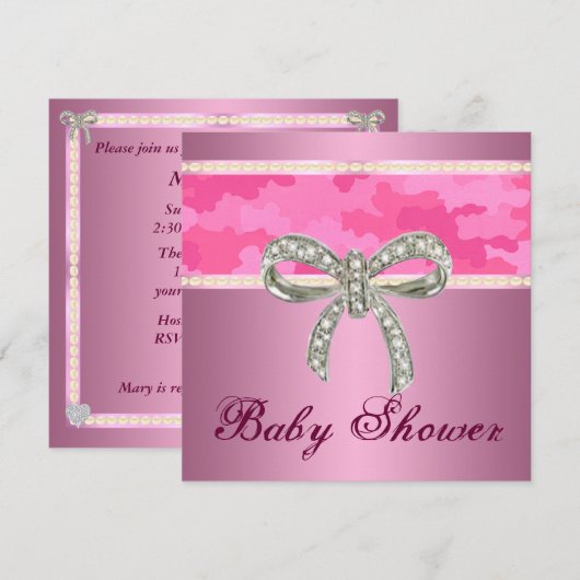 Roze uitnodiging tot Baby shower van Camo Diamond  (Voorkant / Achterkant)