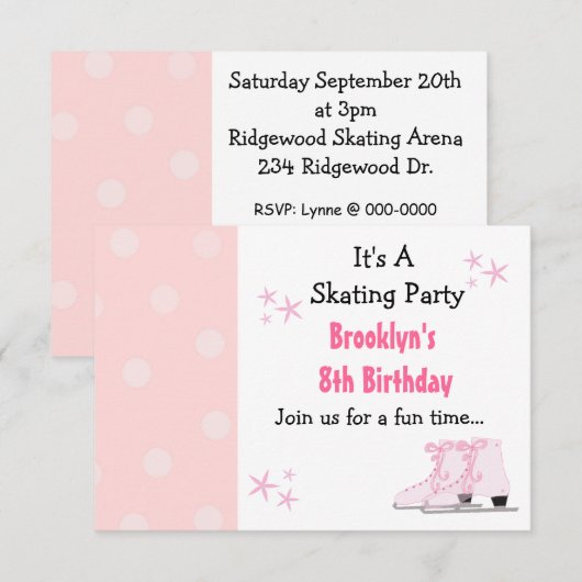 Roze uitnodiging tot geboorte van Skating Party (Voorkant / Achterkant)