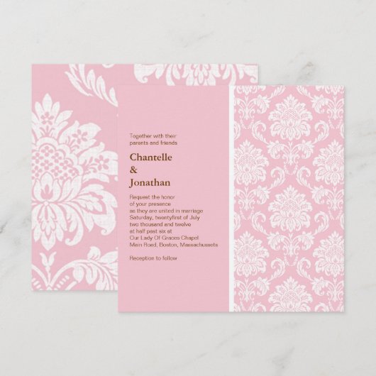 Roze uitnodiging tot het huwelijk van Damask (Voorkant / Achterkant)