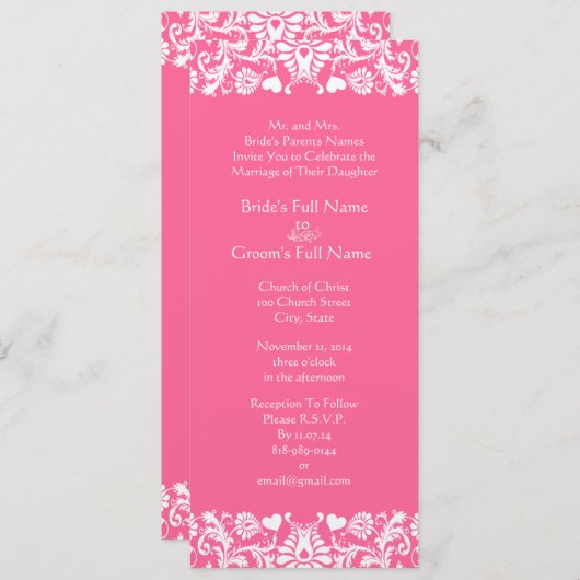 Roze uitnodiging tot het huwelijk van Damask (Voorkant / Achterkant)