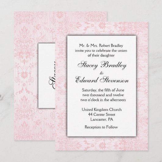 Roze uitnodiging tot het huwelijk van Damask (Voorkant / Achterkant)