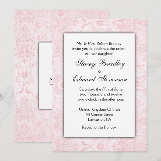 Roze uitnodiging tot het huwelijk van Damask (Voorkant / Achterkant)