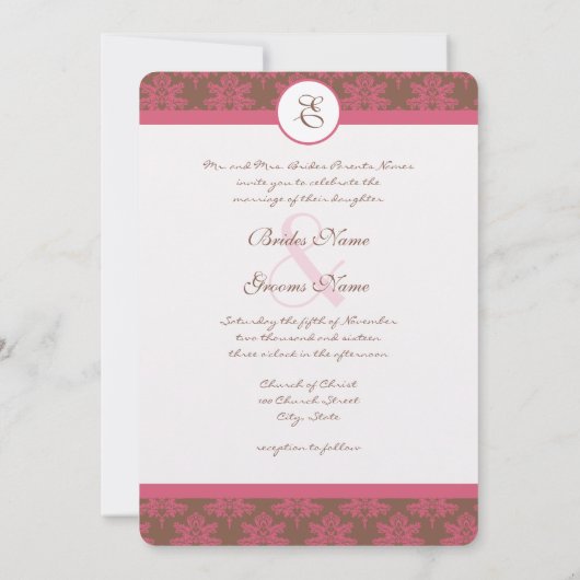 Roze uitnodiging tot het huwelijk van Damask (Achterkant)