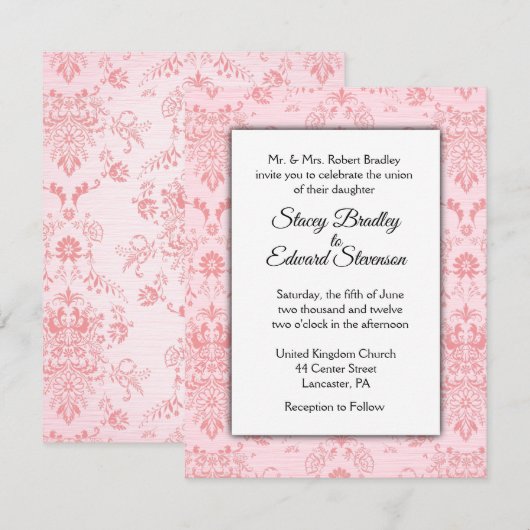 Roze uitnodiging tot het huwelijk van Damask (Voorkant / Achterkant)