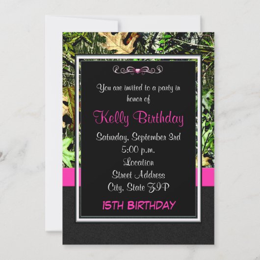 Roze uitnodiging tot het jagen van Camo Birthday (Achterkant)