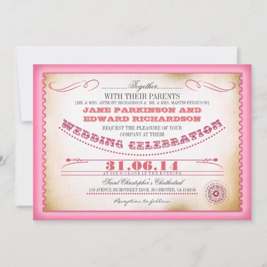 Roze uitnodiging tot het twijdhuwelijk - tickets (Voorkant)