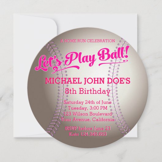 Roze uitnodiging van de Baseball Birthday (Voorkant)