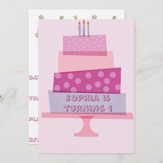 Roze uitnodiging van de Birthday Cake Party (Voorkant / Achterkant)