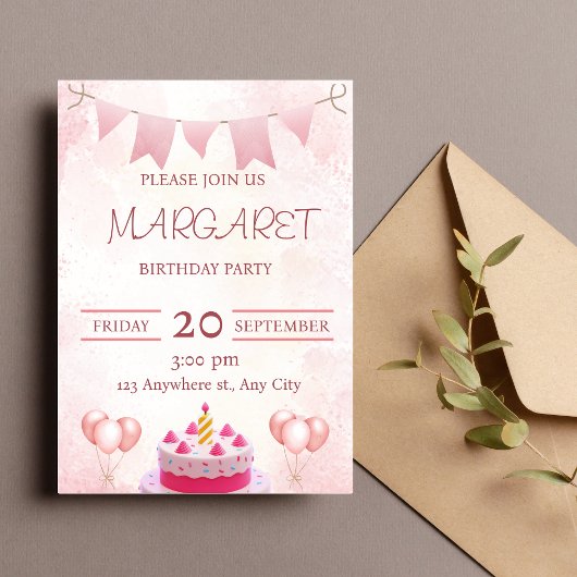 Roze uitnodiging van de Birthday Party