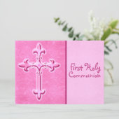 Roze Uitnodiging van de eerste Heilige Communie (Staand voorkant)