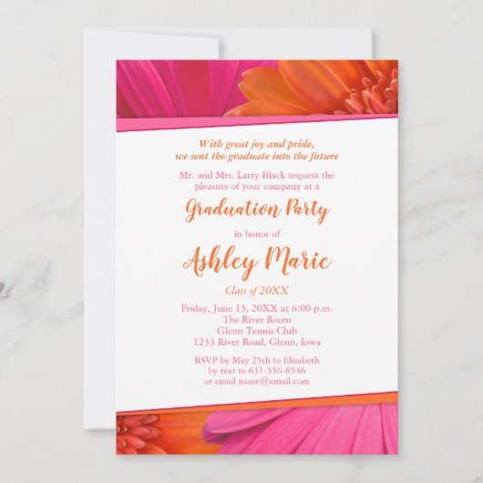 Roze uitnodiging van de Oranje Daisy Graduy Party (Voorkant)