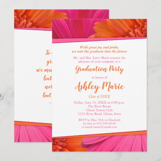 Roze uitnodiging van de Oranje Daisy Graduy Party (Voorkant / Achterkant)