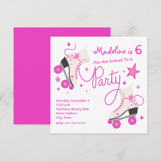 Roze uitnodiging van de Partij van het Schaats Rol (Voorkant / Achterkant)