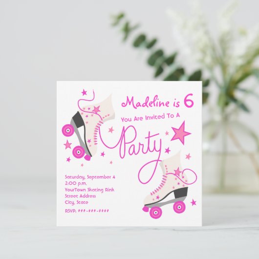Roze uitnodiging van de Partij van het Schaats Rol (Staand voorkant)