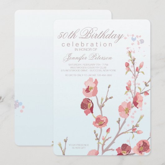 Roze uitnodiging van Dogwood Birthday Party (Voorkant / Achterkant)