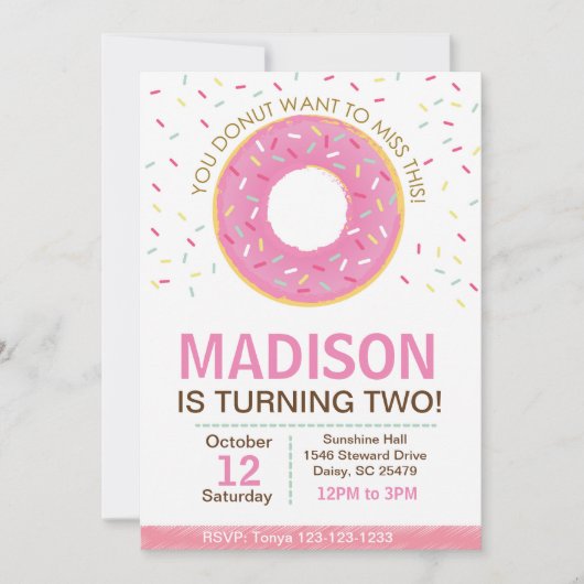 Roze uitnodiging van Donut Birthday (Voorkant)