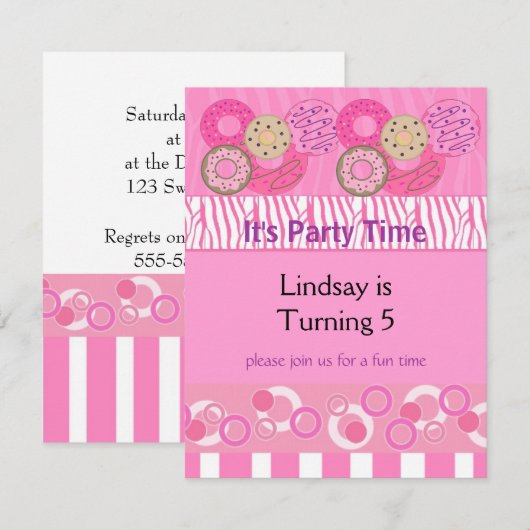 Roze uitnodiging van Donut Birthday Party (Voorkant / Achterkant)