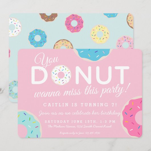Roze uitnodiging van Donut Party | Donut Birthday (Voorkant / Achterkant)