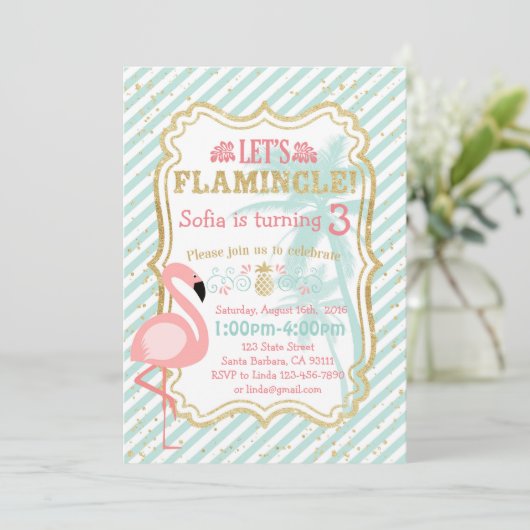 Roze uitnodiging van Flamingo Birthday Party (Staand voorkant)