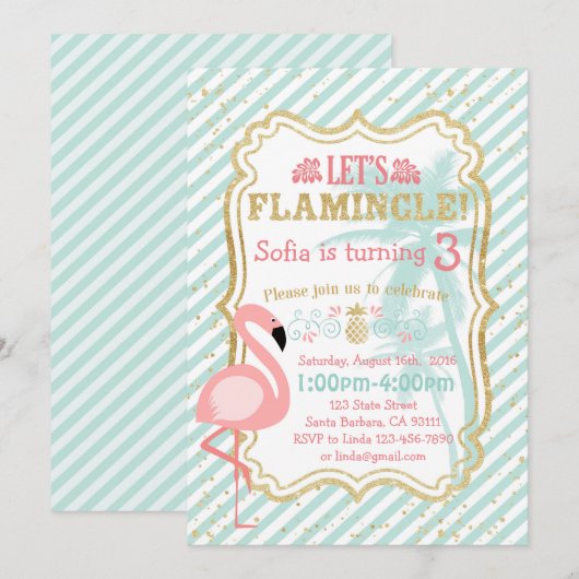 Roze uitnodiging van Flamingo Birthday Party (Voorkant / Achterkant)