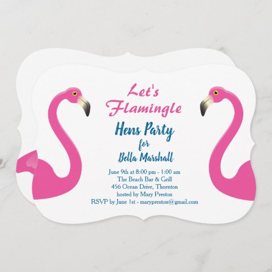Roze uitnodiging van Flamingo Hens Party (Voorkant / Achterkant)