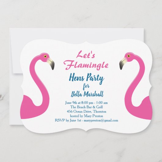 Roze uitnodiging van Flamingo Hens Party (Voorkant)
