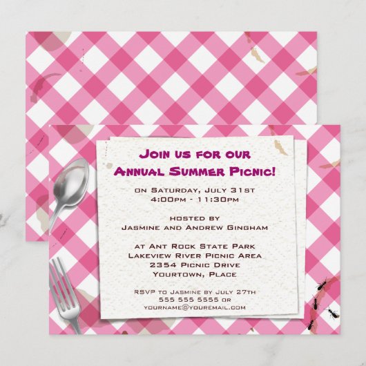 Roze uitnodiging van Gingham Picnic BBQ Party (Voorkant / Achterkant)