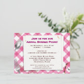 Roze uitnodiging van Gingham Picnic BBQ Party (Staand voorkant)