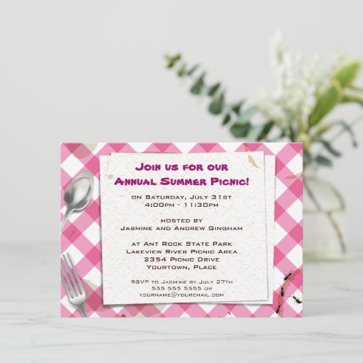 Roze uitnodiging van Gingham Picnic BBQ Party (Staand voorkant)