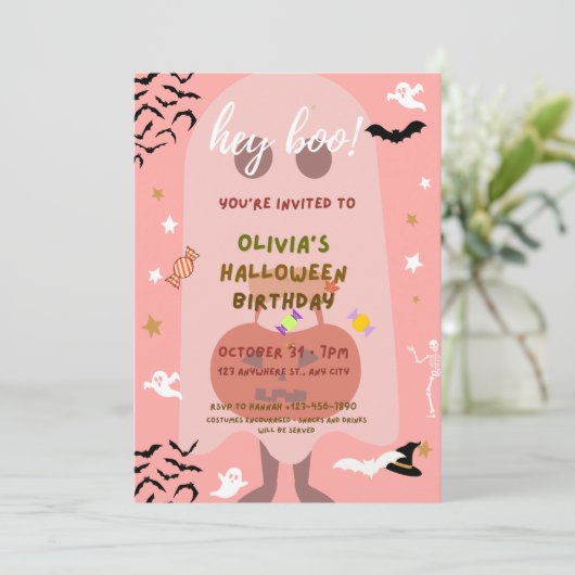 roze uitnodiging van het halloween-verjaardagsfees (Staand voorkant)