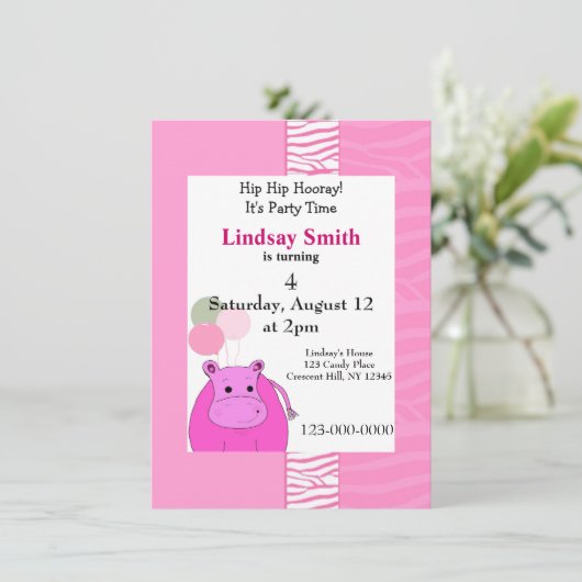 Roze uitnodiging van Hippo Partij (Staand voorkant)