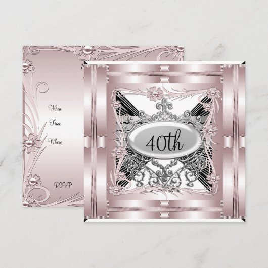 Roze uitnodiging voor 40ste verjaardagsfeest voor  (Voorkant / Achterkant)