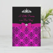 Roze uitnodiging voor Baby shower Tiara & Damask (Staand voorkant)