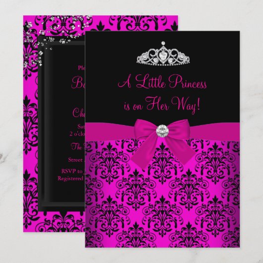 Roze uitnodiging voor Baby shower Tiara & Damask (Voorkant / Achterkant)