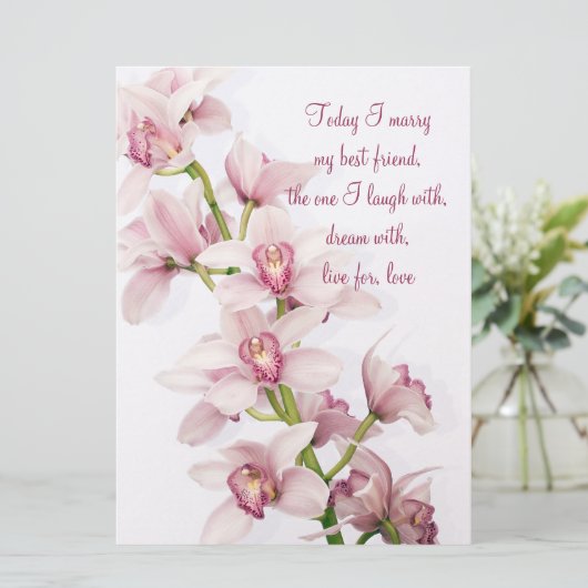 Roze uitnodiging voor een orchidee bruiloft met cy (Staand voorkant)