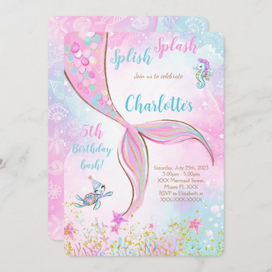 Roze uitnodiging voor een wedstrijd van Mermaid (Voorkant / Achterkant)