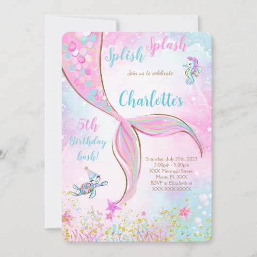 Roze uitnodiging voor een wedstrijd van Mermaid (Voorkant)