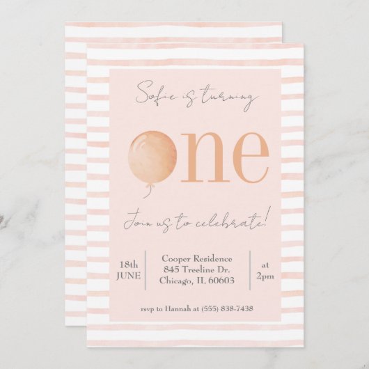 Roze uitnodiging voor eerste verjaardag (Voorkant / Achterkant)