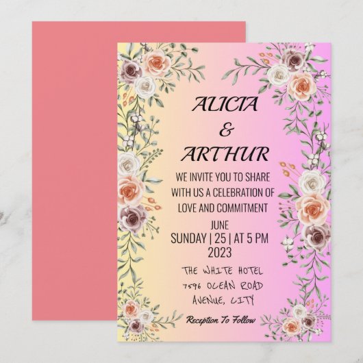 Roze uitnodiging voor het flororale huwelijk (Voorkant / Achterkant)