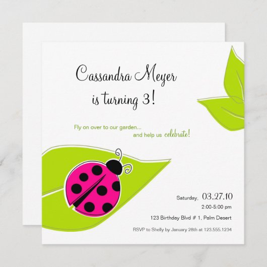 Roze uitnodiging voor het plein van het Ladybug (Voorkant / Achterkant)