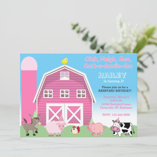 Roze uitnodiging voor het verjaardagscentrum | Uit (Staand voorkant)