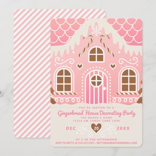 Roze uitnodiging voor het versieren van een huisje (Voorkant / Achterkant)