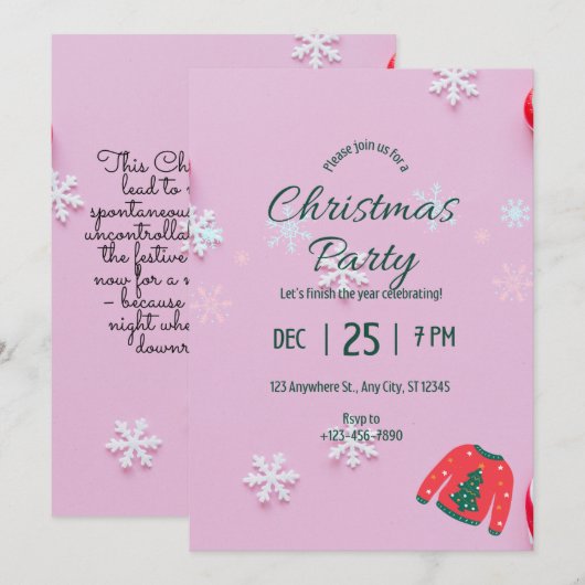 Roze uitnodiging voor kerstfeestdagen (Voorkant / Achterkant)